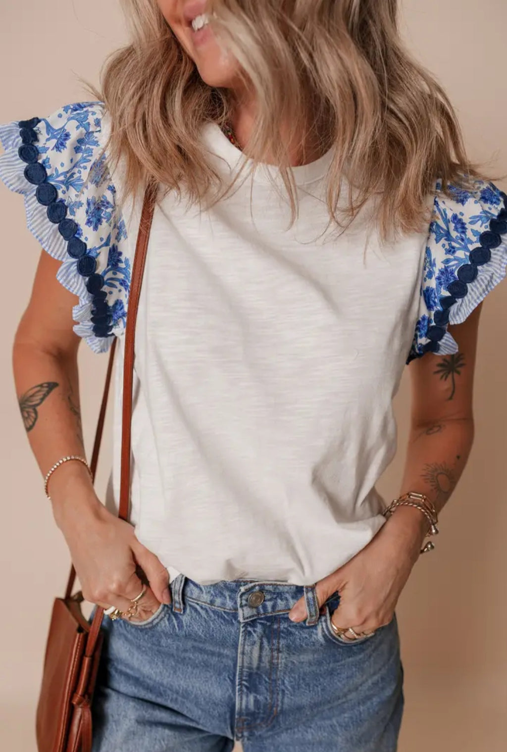 Flutter sleeve patchwork blouse